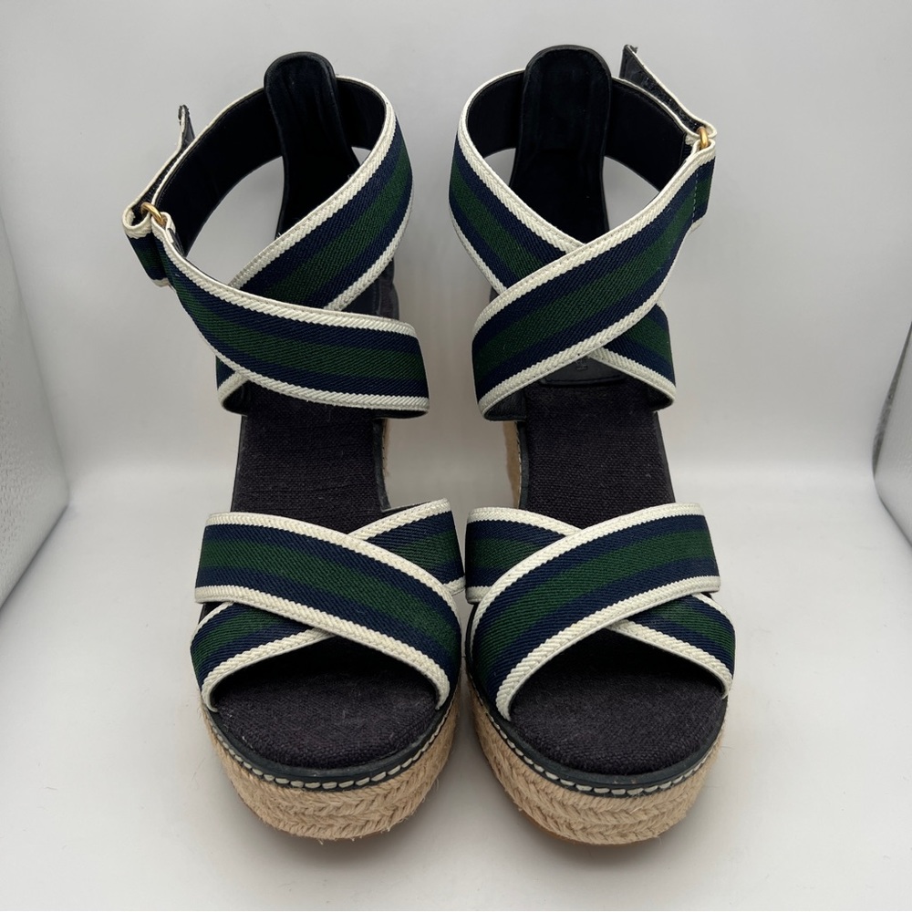 TORY BURCH Frieda Striped Espadrille Wedge Sandals - Green Blue Stripe - Sz 7.5 - Picture 5 of 11
